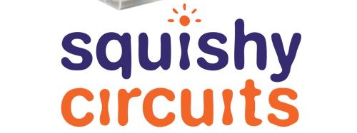 Squishy Circuits text with circuit background.