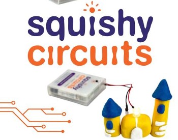 Squishy Circuits text with circuit background.