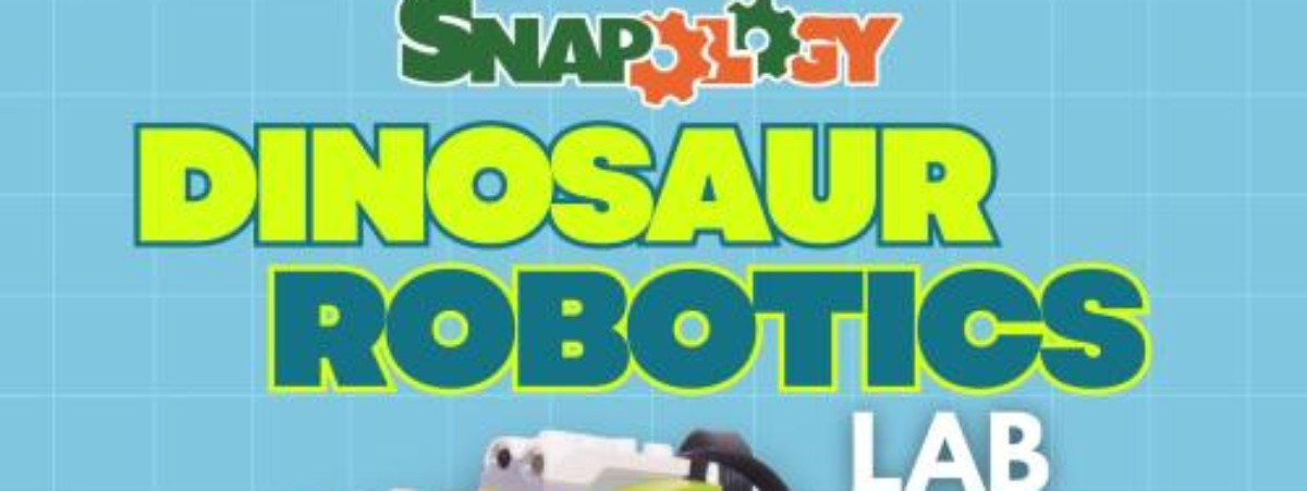Dinosaur Robotics Lab with Snapology text with LEGO dinosaur image.