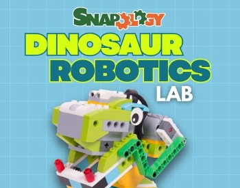 Dinosaur Robotics Lab with Snapology text with LEGO dinosaur image.