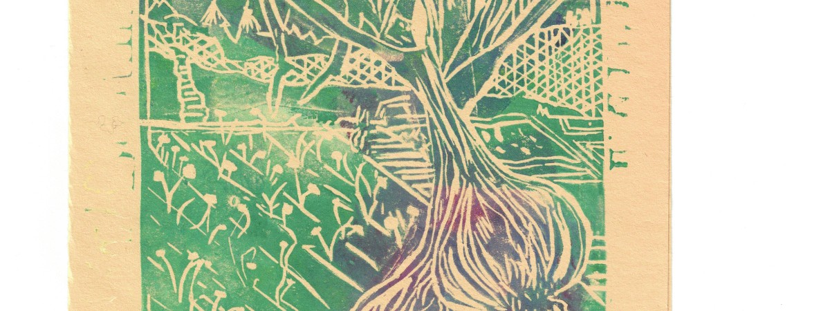 Woodcut print of garlic bulbs with a farm background