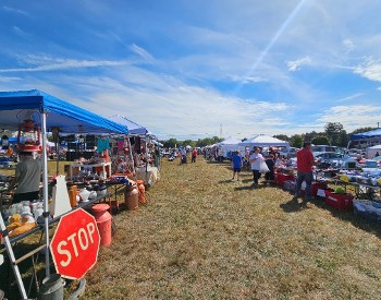 Shoppers browse rows of vendors at the Sand Lake Townwide Garage Sale & Flea Market in Averill Park, NY.