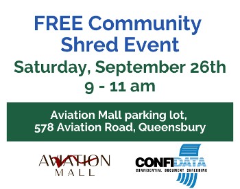 ARCC logo with text underneath saying: The event will happen rain or shine! Text saying: FREE Community Shred Event. Saturday, September 26th, 9-11 am. Aviation Mall parking lot, 578 Aviation Road, Queensbury. Logos for Aviation Mall, Confidata & Glens Falls Area Youth Center