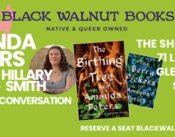 Green background with 2 photos of people and 2 of books with the event information.