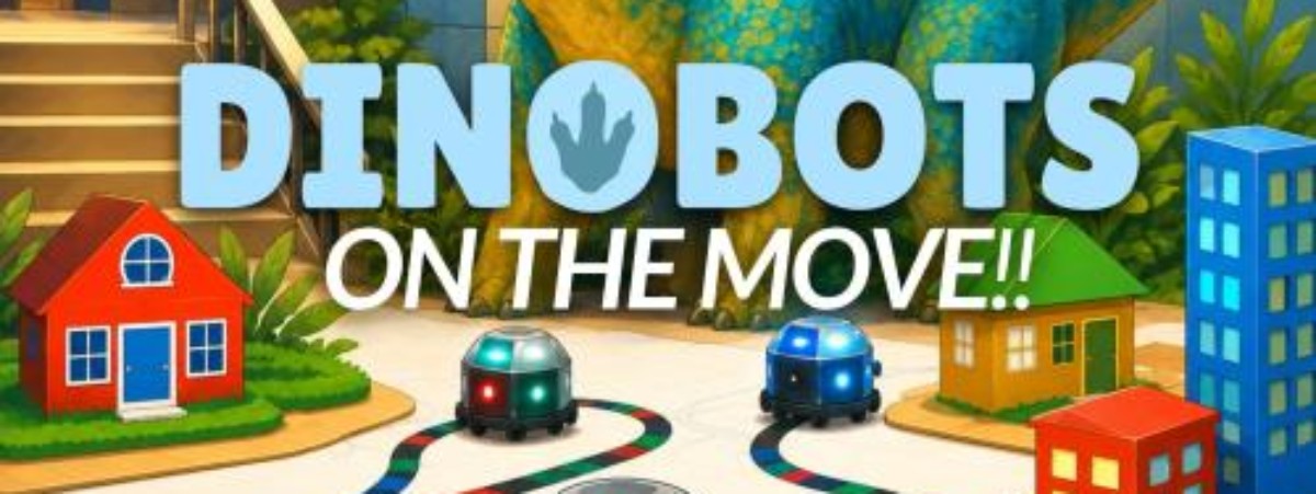 Text: Dinobots on the Move! with small car robots under the text and dinosaur in background.