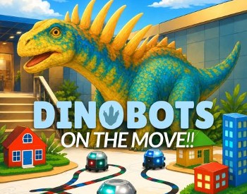 Text: Dinobots on the Move! with small car robots under the text and dinosaur in background.