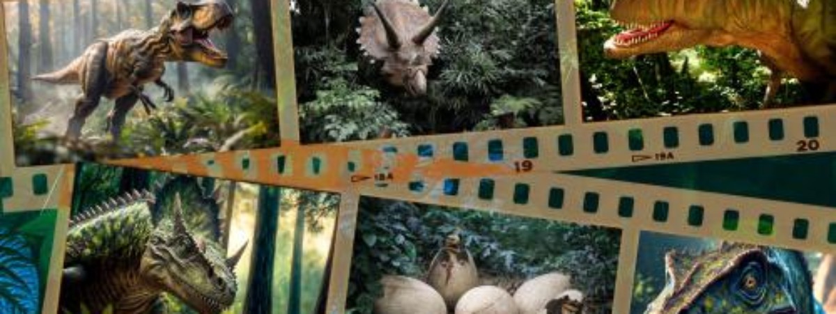 picture of film reels with images of dinosaurs in film strips