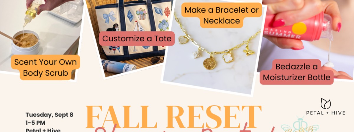 A group of photos with beauty accessories and words that say Fall Reset Shopping Party