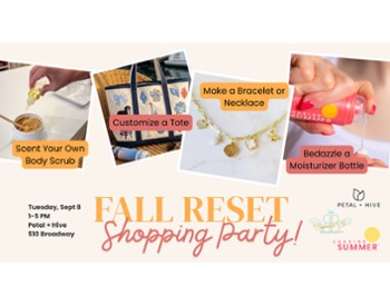 A group of photos with beauty accessories and words that say Fall Reset Shopping Party