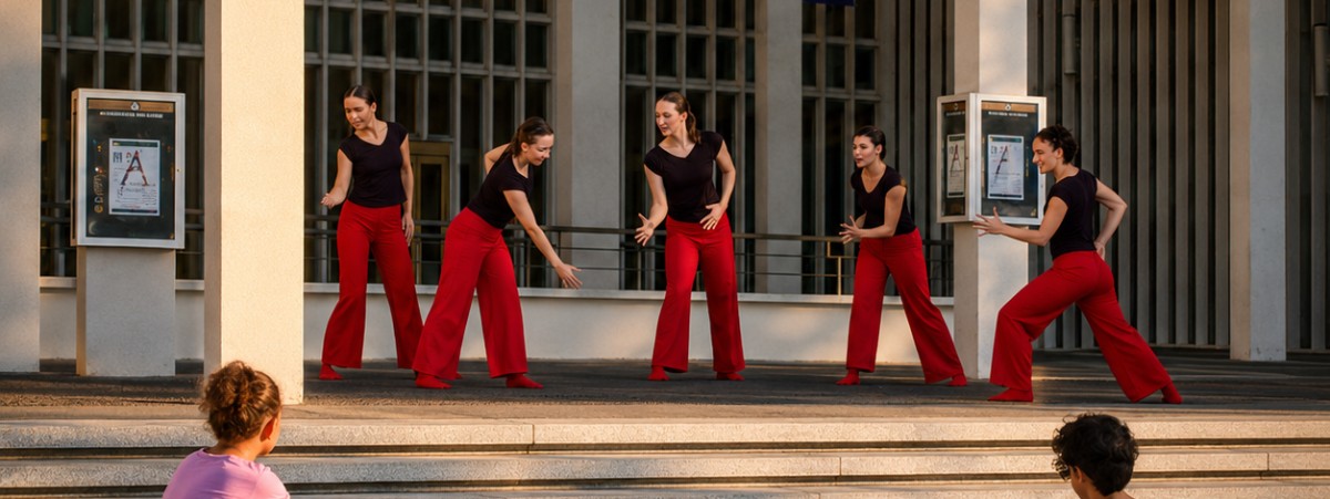 Five women in red pants and black shirts dance on the steps of a building with two children looking on.