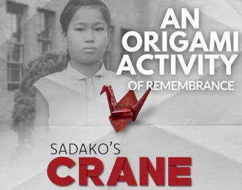 Text in forefront: Sadako's Crane The World Trade Center Gallery with picture of Sadako in the background