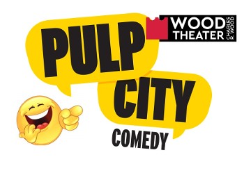 Pulp City Logo with laughing smiley face and the Wood Theater logo