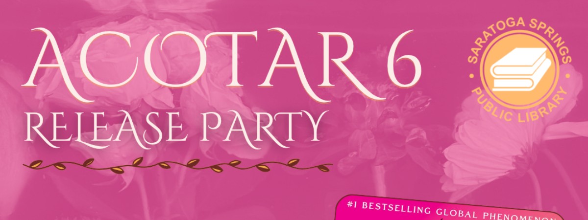 Texts reads ACOTAR 6 release party with pink background and cover of book titled "A Court of Splintered Harmony"