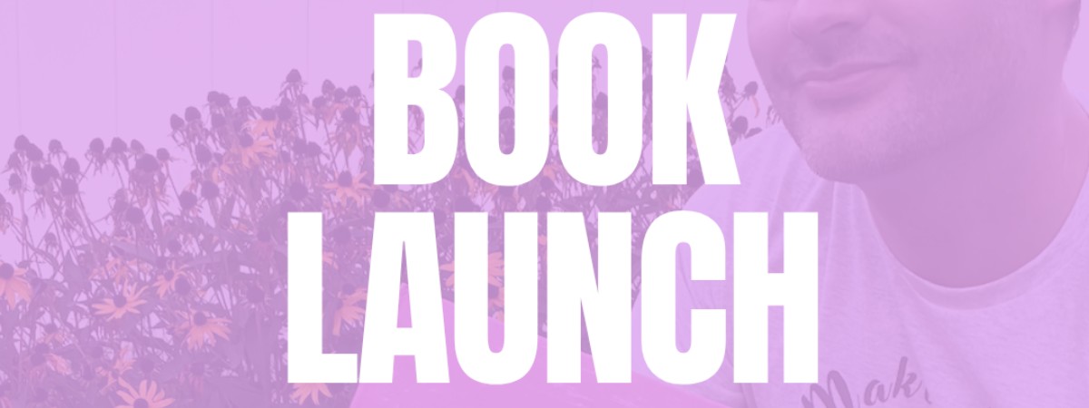 The words Book Launch on top of a pink background