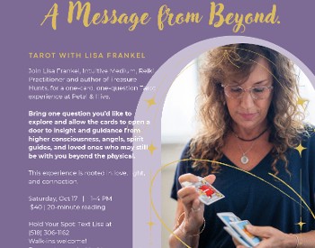 FLyer with words and a picture of a woman with tarot cards