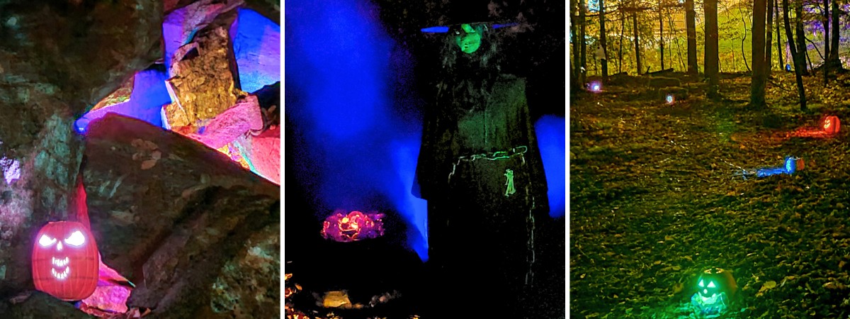 Colorful nighttime scenes from the Spooky Trail at Artisanal Brew Works in Saratoga Springs, featuring illuminated pumpkins, Halloween displays, wooded paths and glowing forest scenery.