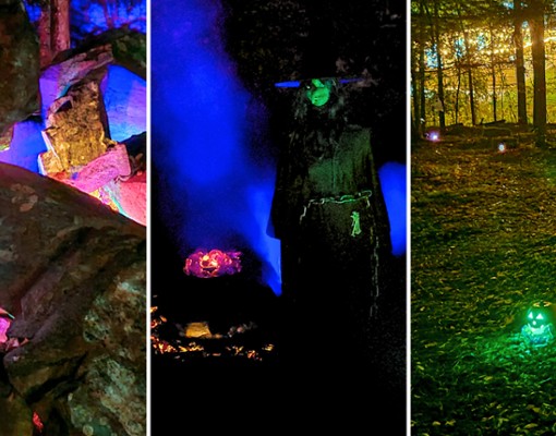 Colorful nighttime scenes from the Spooky Trail at Artisanal Brew Works in Saratoga Springs, featuring illuminated pumpkins, Halloween displays, wooded paths and glowing forest scenery.
