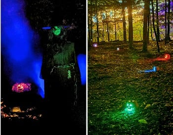 Colorful nighttime scenes from the Spooky Trail at Artisanal Brew Works in Saratoga Springs, featuring illuminated pumpkins, Halloween displays, wooded paths and glowing forest scenery.