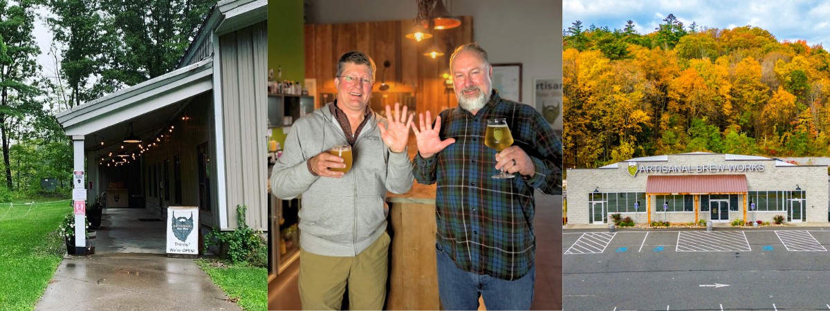 Artisanal Brew Works&rsquo; original location, co-owners Kurt and Colin celebrating the 10-year anniversary, and the current Saratoga Springs location in fall.