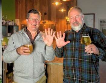Artisanal Brew Works&rsquo; original location, co-owners Kurt and Colin celebrating the 10-year anniversary, and the current Saratoga Springs location in fall.