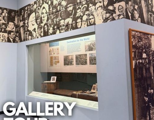 Text reading: Gallery Tour in the forefront of an image of the New York State Museum's Port of New York.