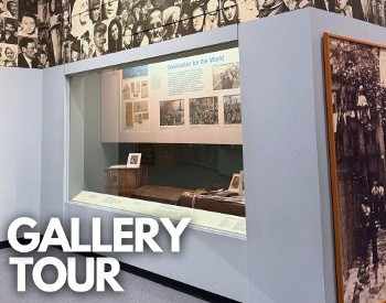 Text reading: Gallery Tour in the forefront of an image of the New York State Museum's Port of New York.
