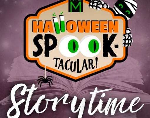 Text reading: Storytime with an image of a cartoon spider above the text