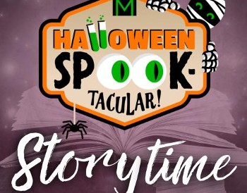 Text reading: Storytime with an image of a cartoon spider above the text