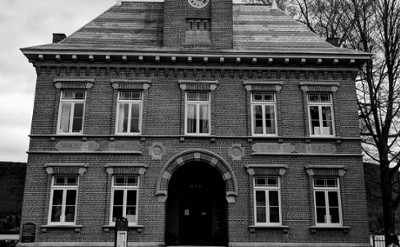 black and white image of old country courthouse