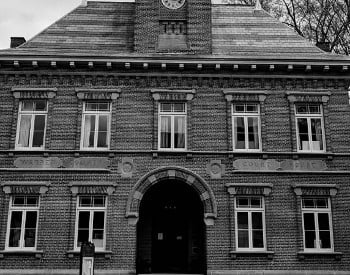 black and white image of old country courthouse