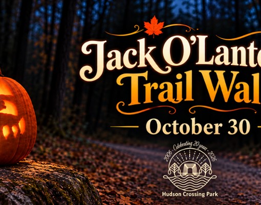 Graphic with a carved jack o'lantern on the left, and the words Jack O'lantern Trail Walk in scroling script on the right.