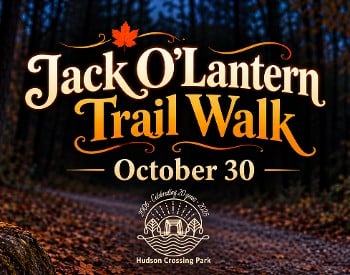 Graphic with a carved jack o'lantern on the left, and the words Jack O'lantern Trail Walk in scroling script on the right.