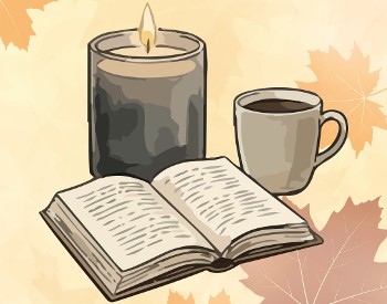 Candle coffee and open book