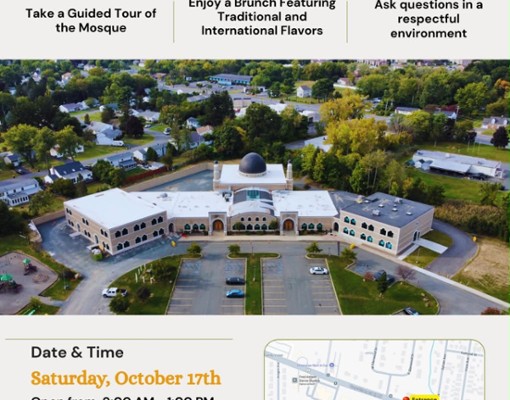 Al-Hidaya Center Open House flyer: Saturday, October 17, 9 AM to 1 PM, with an aerial photo of the mosque.