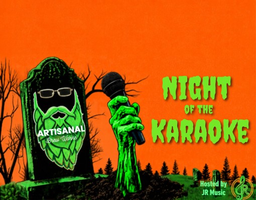 Halloween karaoke event graphic for Night of the Karaoke at Artisanal Brew Works in Saratoga Springs, featuring a microphone, Halloween artwork and JR Music branding.
