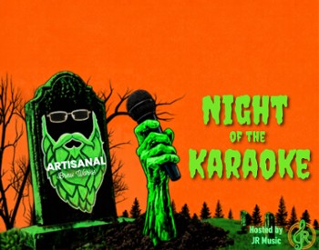 Halloween karaoke event graphic for Night of the Karaoke at Artisanal Brew Works in Saratoga Springs, featuring a microphone, Halloween artwork and JR Music branding.