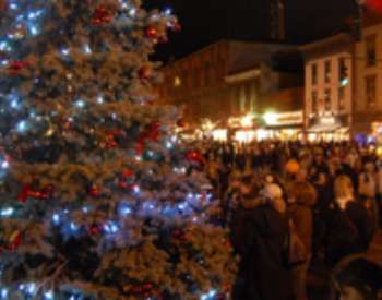 blurry image of the lit tree and the crowd