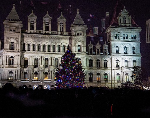 lit holiday tree near building