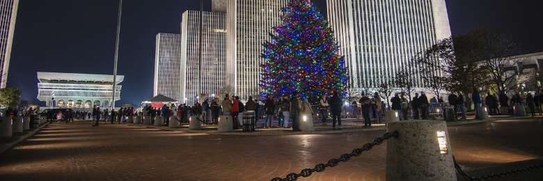 lit holiday tree in city