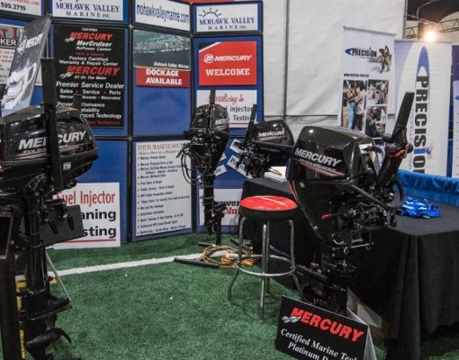 boat motors on display at a show