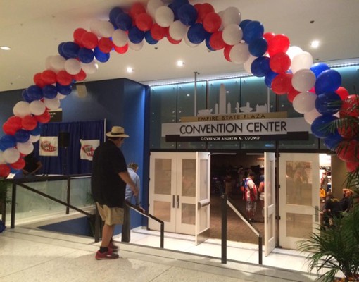balloons surrounding a convention center door