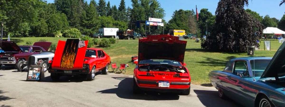 classic cars on display in a park