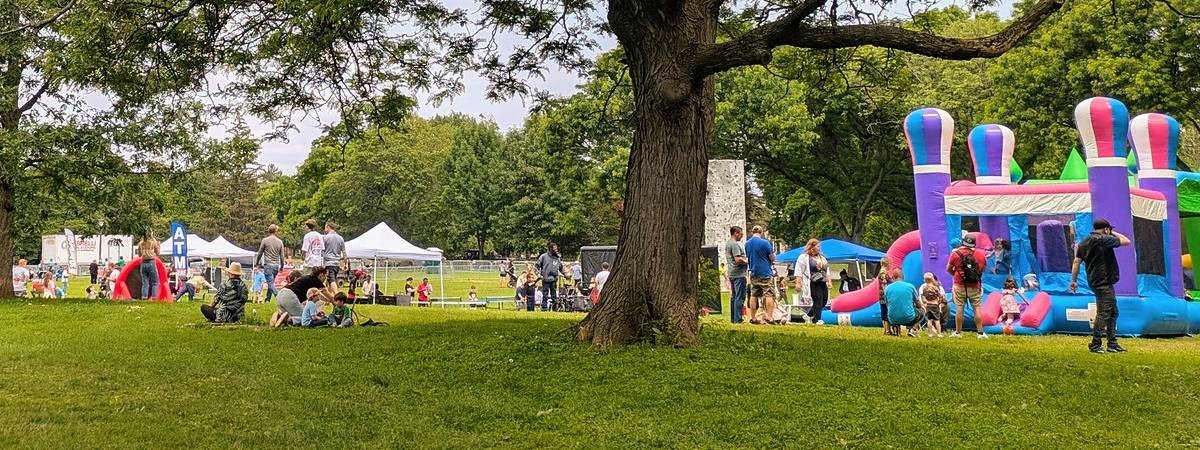crowd and bouncy house