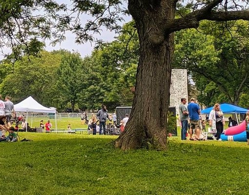crowd and bouncy house