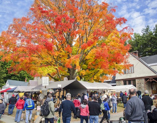 garage sale attendees and fall foliage