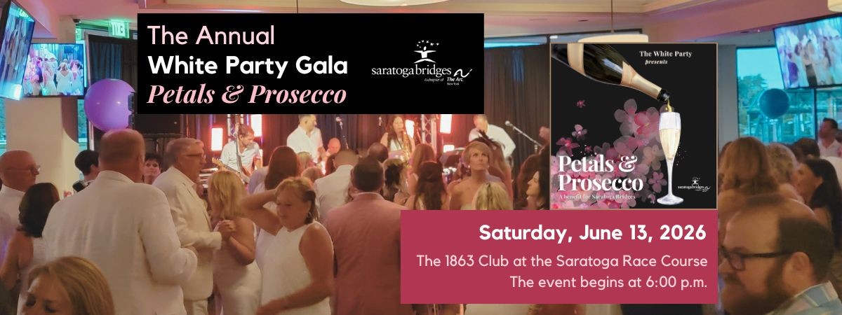 An image of a crowd dancing at a party with a live band and a graphic of a champagne flute being filled with prosecco with a burst of flower petals.