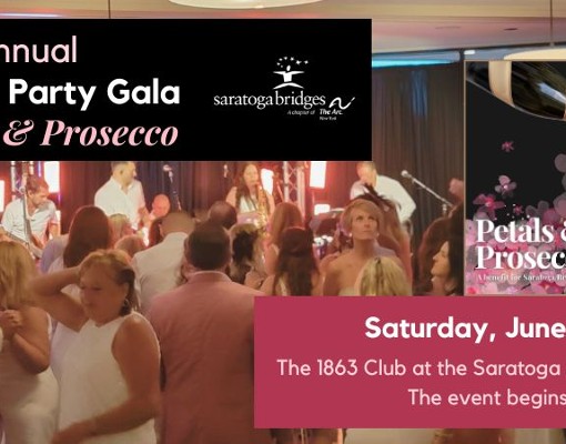 An image of a crowd dancing at a party with a live band and a graphic of a champagne flute being filled with prosecco with a burst of flower petals.