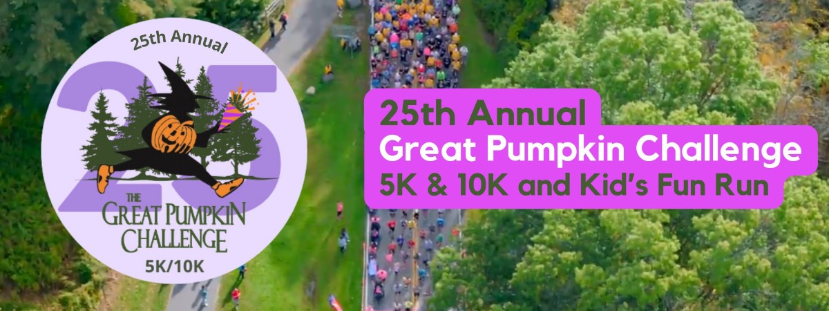 Background is aerial view of 24th Great Pumpkin Challenge with the 25th Great Pumpkin Challenge Logo an the words "25th Annual Great Pumpkin Challenge 5K & 10K and Kids Fun Run"