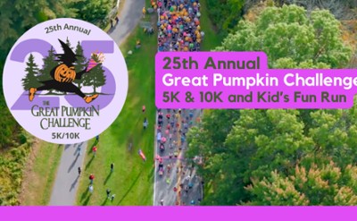 Background is aerial view of 24th Great Pumpkin Challenge with the 25th Great Pumpkin Challenge Logo an the words "25th Annual Great Pumpkin Challenge 5K & 10K and Kids Fun Run"