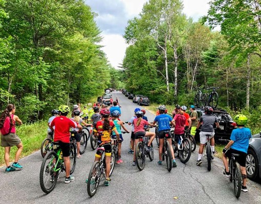 the backs of people on bikes on a road